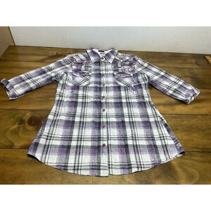 Roar Woman Western M Button Up Long Sleeve Blue Purple Embroidered Stretch Shirt